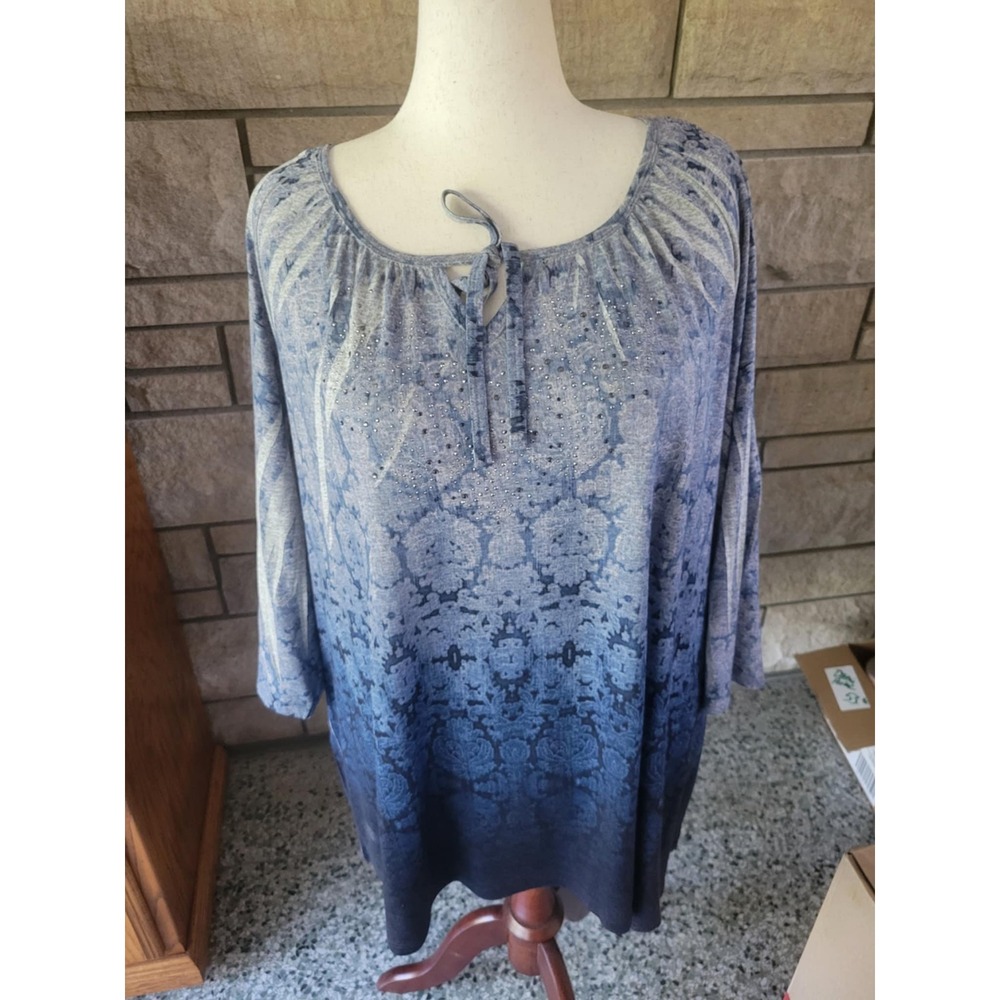 Catherines Women's Plus Size Blue‎ Ombre Print 3/4 Sleeve Tie Neck Top 4X